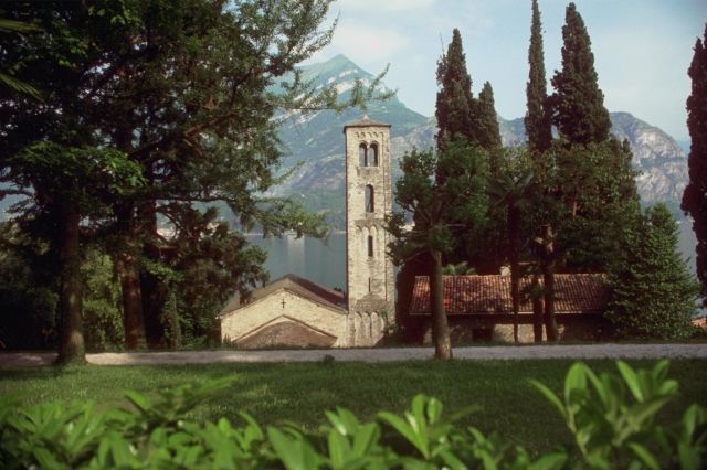 church by a mountain lake